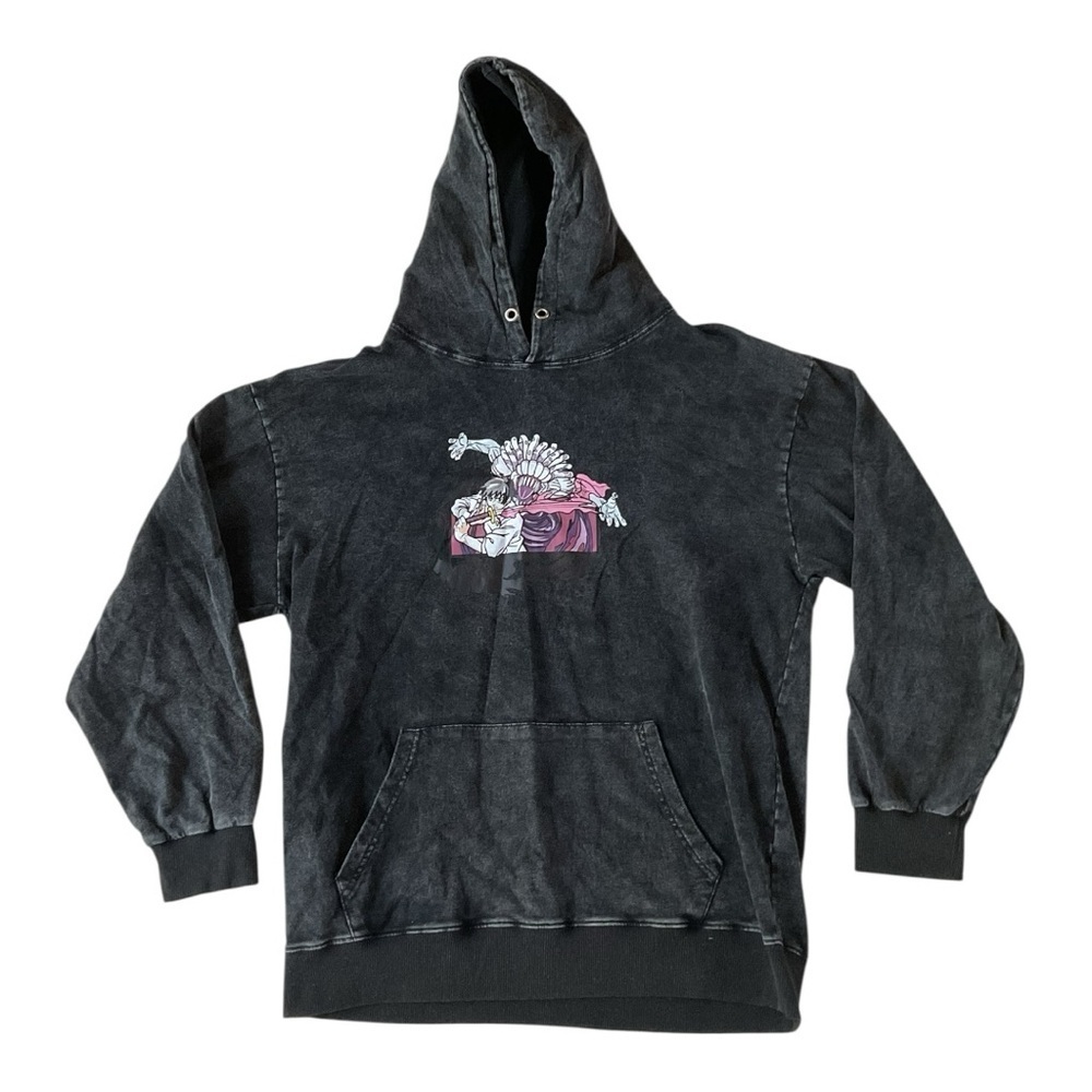 Anime Graphic Hoodie Medium Black Acid Wash Streetwear Unisex